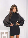 Mock Neck Puffed Satin Sleeve Body-con Mini Dress-0