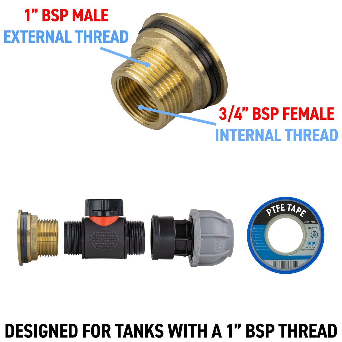Water Butt Brass Kit 1in with In-Line Valve + 20mm MDPE for Brass Water Fitting-2