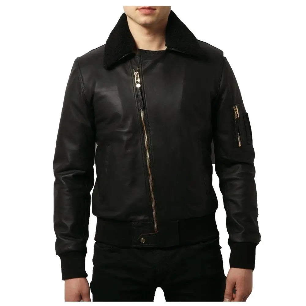 Men’s Black Fashion Leather Bomber Jacket