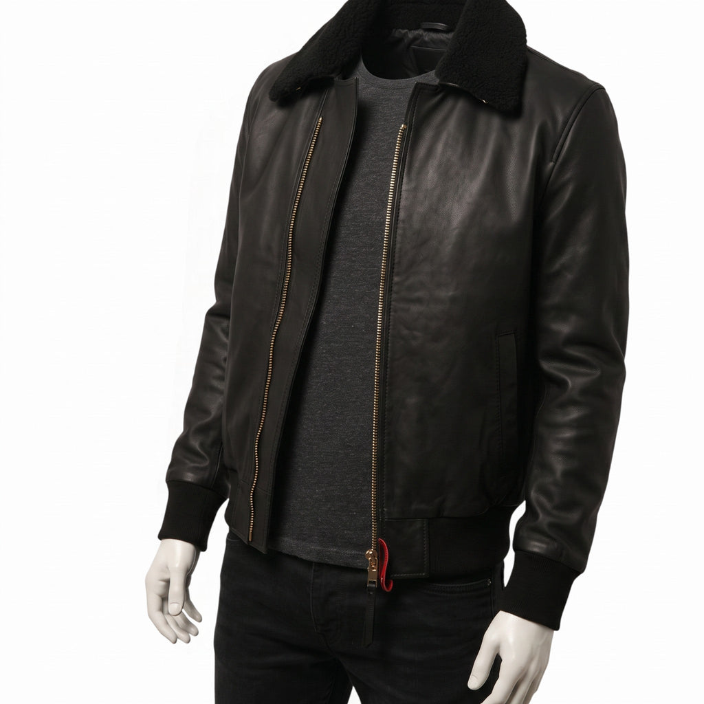 Men’s Black Fashion Leather Bomber Jacket
